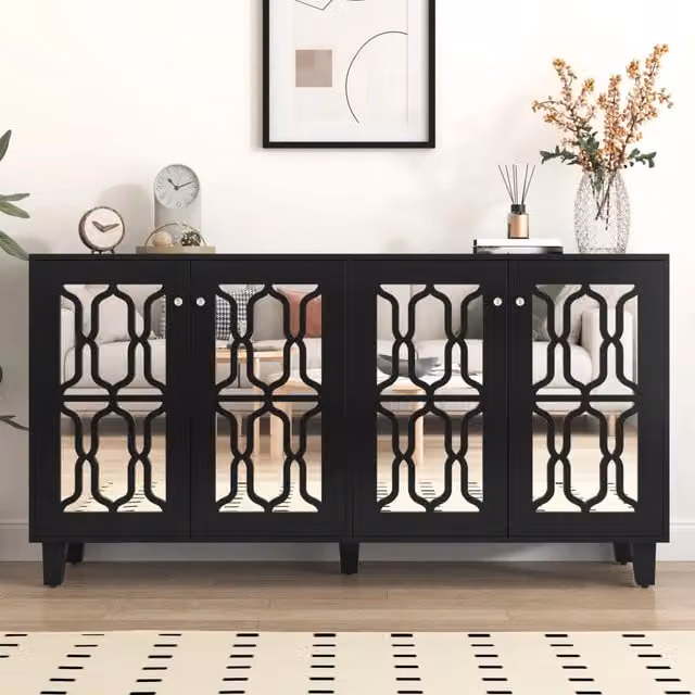 Credenza nera con specchio e mobile buffet 4 ante; credenza lunga 160 cm con maniglie in cristallo