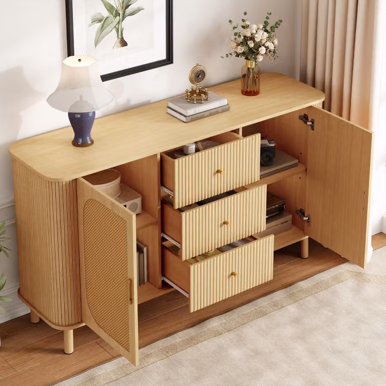 Credenza MODFU con pannello porta in rattan, mobile con cassetti, vetrinetta laterale con incavo nella parete posteriore, mobile buffet con gambe in metallo