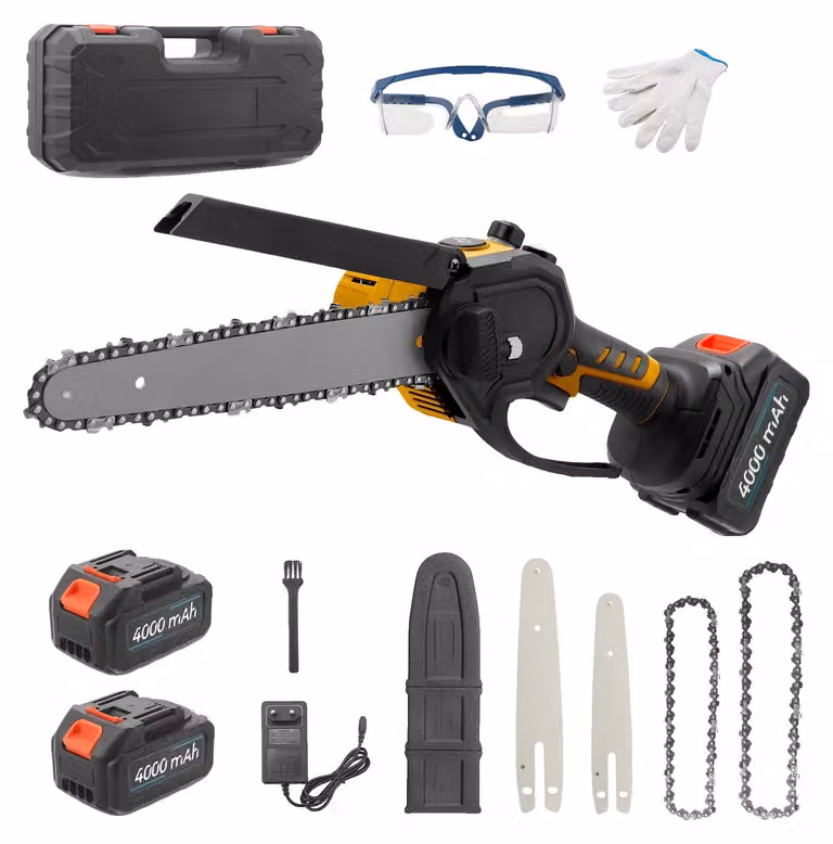 Motosega elettrica, motore brushless, sistema a doppia batteria, 2 batterie gialle