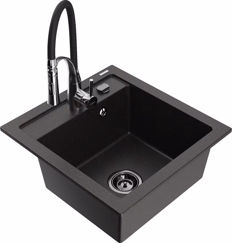 Mexen Vito lavello da cucina in granito 1 vasca con miscelatore Aster, nero/oro metallizzato- 6503-75-73450-07-B
