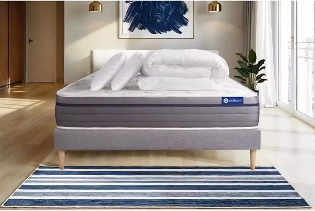 Pacchetto letto completo - Materasso 160x200cm + Box spring con doghe (kit) + 2 cuscini + Piumone - Actiflex Zen