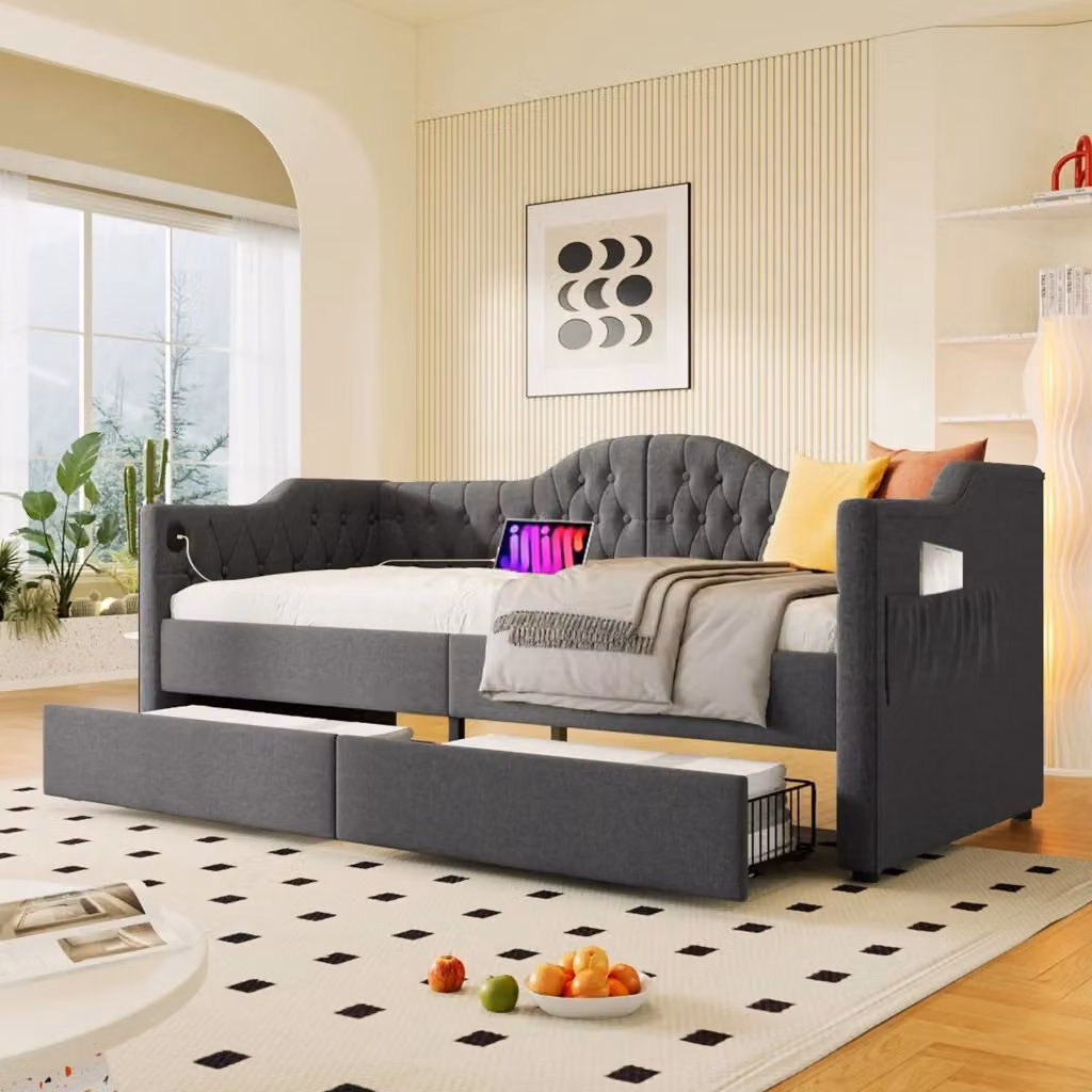 Letto Mivray con cassetti e porte USB e Type-C, testiera e sponde imbottite in tessuto grigio, L/P/H: 90 x 200 cm – 2