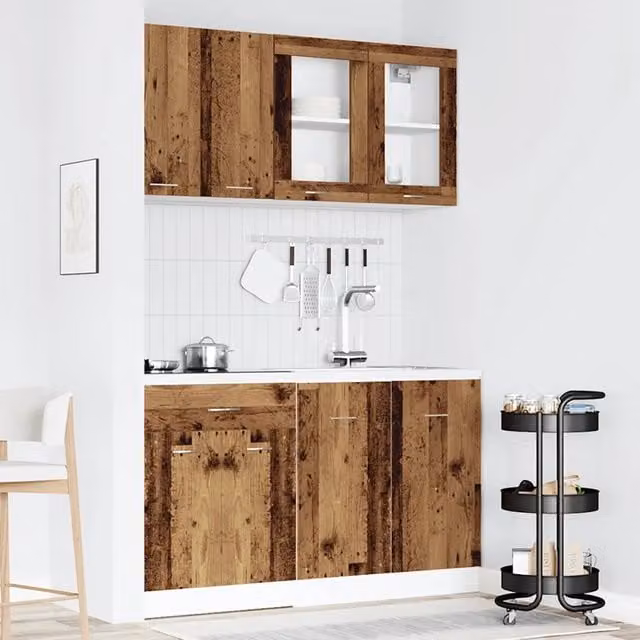 Set di mobili da cucina rustici vidaXL in legno e vetro marrone con ante in vetro e ripiani interni