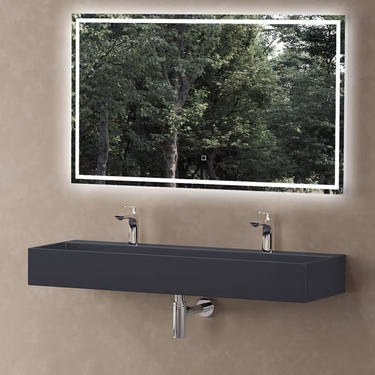 doporro Lavabo Bagno Sospeso / da Appoggio Rettangolare con Doppia Vasca 120 cm in Resina Minerale Antracite Opaco, Piletta Inclusa Col6028