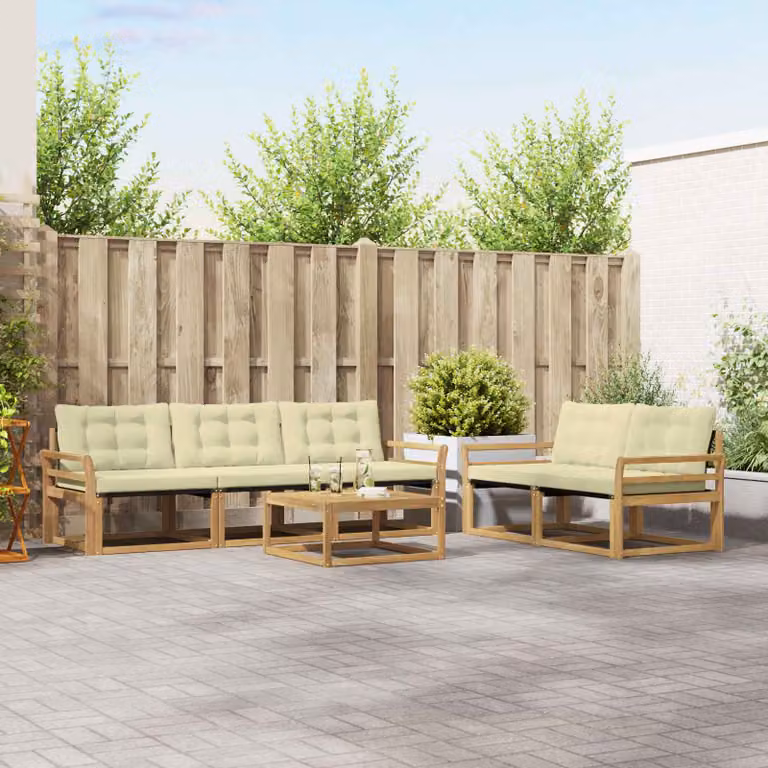 Set di divani da esterno vidaXL 6 pezzi in legno di acacia con tavolo da caffè e cuscini, Bianco e Beige
