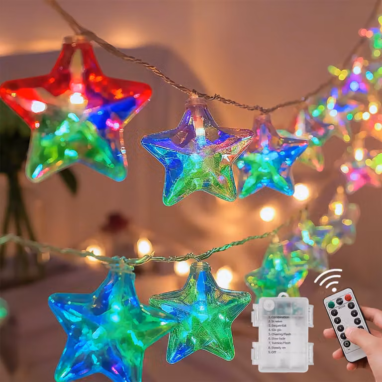 Catena luminosa con stelle, lunghezza 3 metri, 20 LED bianco caldo, 8 modalità, telecomando
