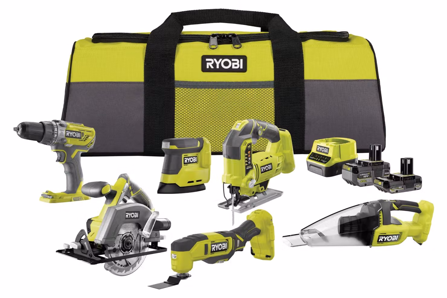 Kit combinato RYOBI 18 V ONE+ da 10 pezzi, con avvitatore a percussione, sega a tiraline e altro
