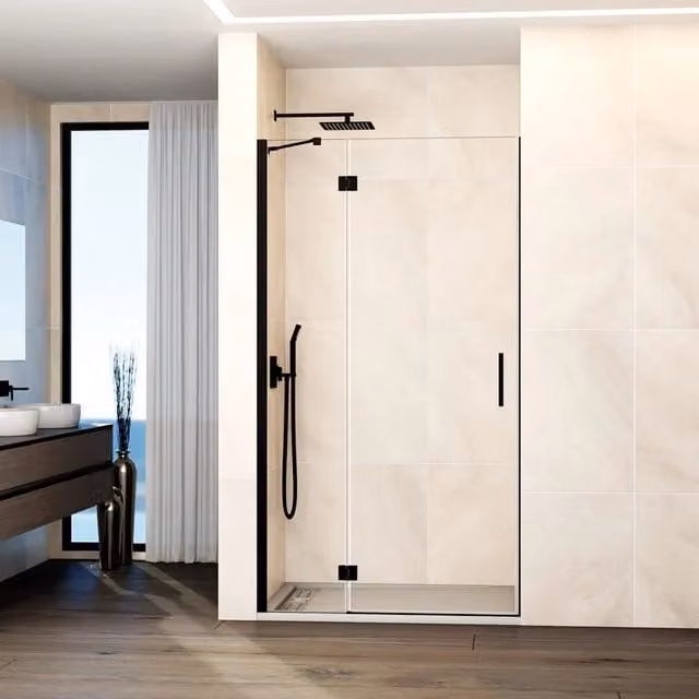 Box doccia frontale GLASS fisso + porta battente chiusura magnetica 115 cm (112-115; fisso 50+porta 65) nero