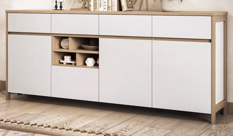 Credenza "Finnes" in bianco e rovere, stile scandinavo, 193 cm, chiusura ammortizzata