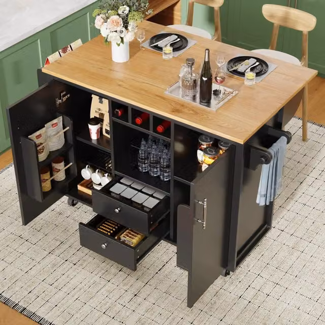 Carrello da cucina con piano pieghevole 2 cassetti 2 ante portabottiglie e 5 ruote girevoli in MDF e metallo nero