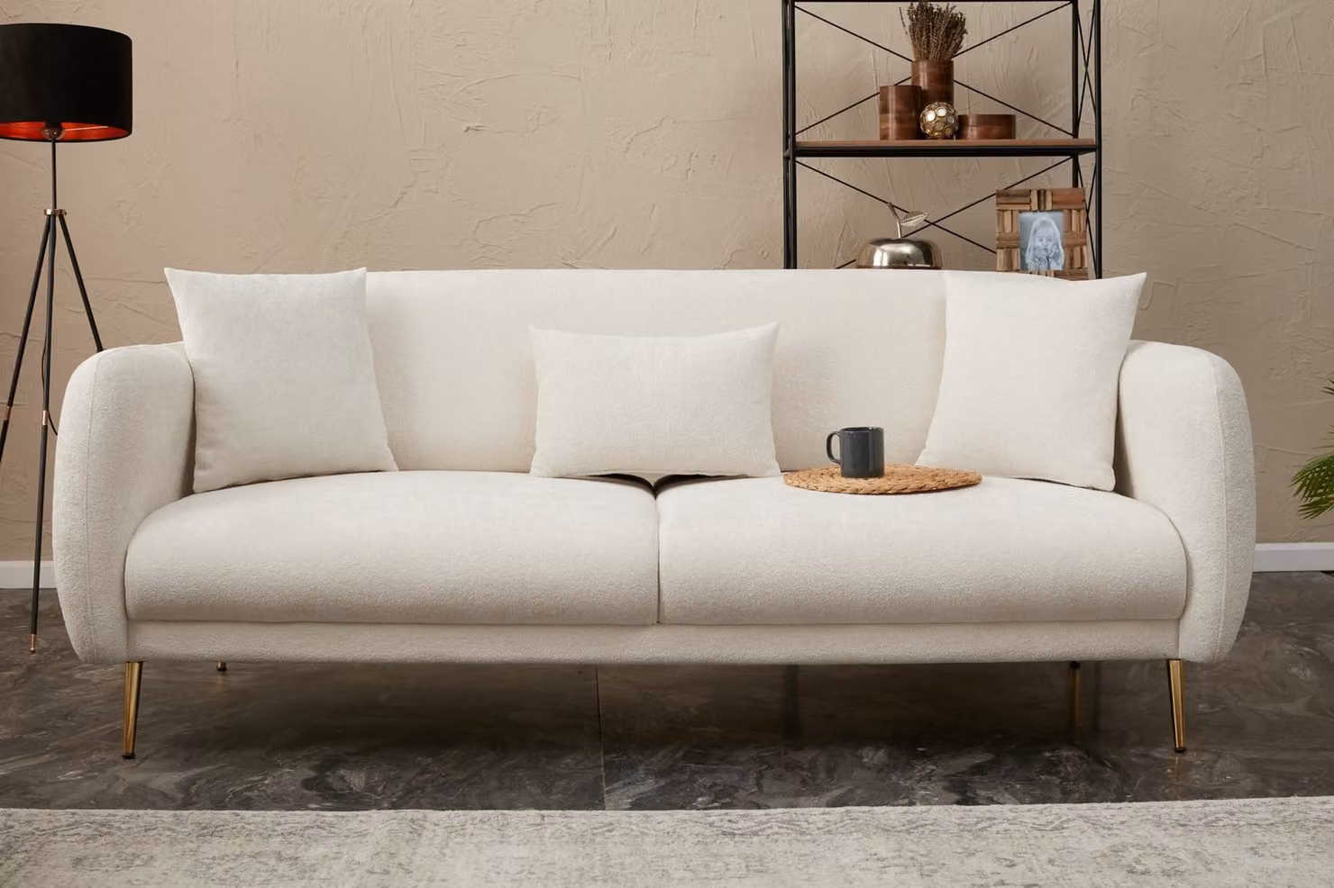 Hanah Home, Simena - Crema, Divani letto, Divano letto a 3 posti, Crema, Poliestere, 210 x 80 x 95 x cm