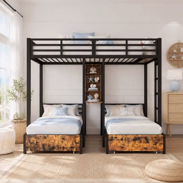 Letto a castello triplo ULEVR 140x200 e 90x200 cm con 2 cassetti, vani aperti e sponde, nero