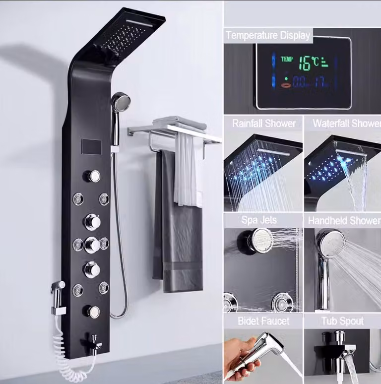 Pannello doccia 6-in-1 con doccia a pioggia, cascata, getti massaggio, display LED e doccetta manuale - nero