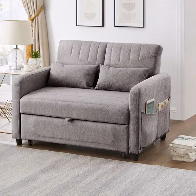 Divano letto estraibile due posti con schienale regolabile in 3 posizioni e 2 cuscini in misto cotone lino grigio