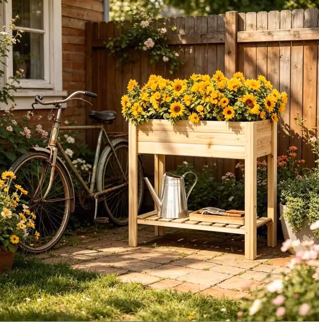 Fioriera rialzata ULEVR 80x40x75 cm in legno di abete con ripiano portaoggetti, colore legno