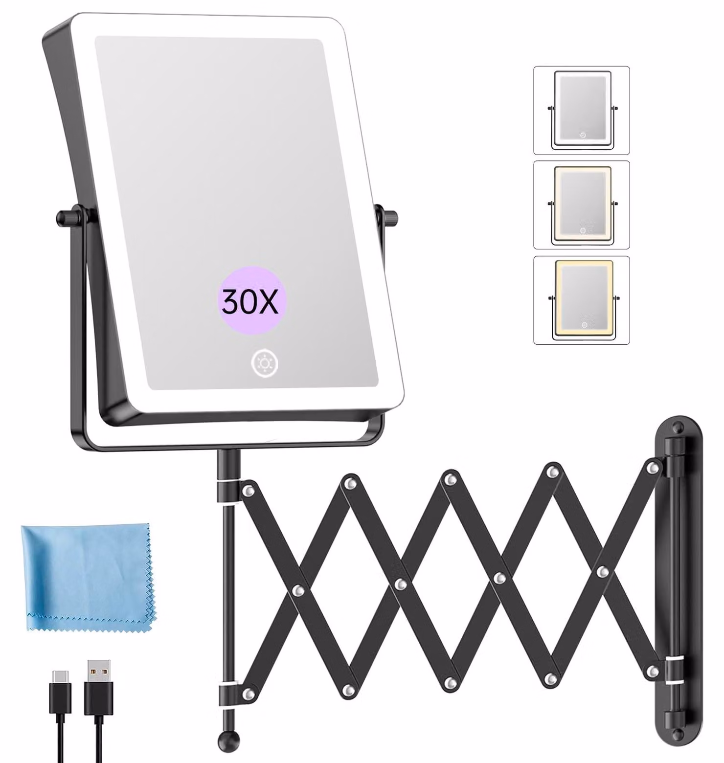 Specchio da trucco con illuminazione, batteria da 5000 mAh, ricaricabile, colore nero