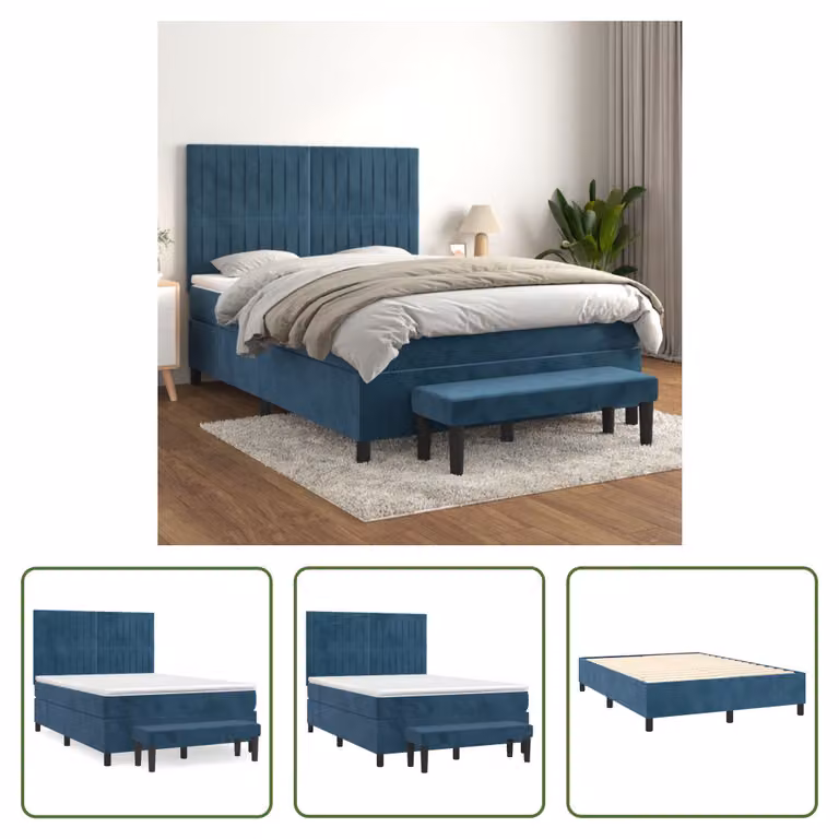 The Living Store Letto a molle con materasso blu scuro 140x200 cm in velluto