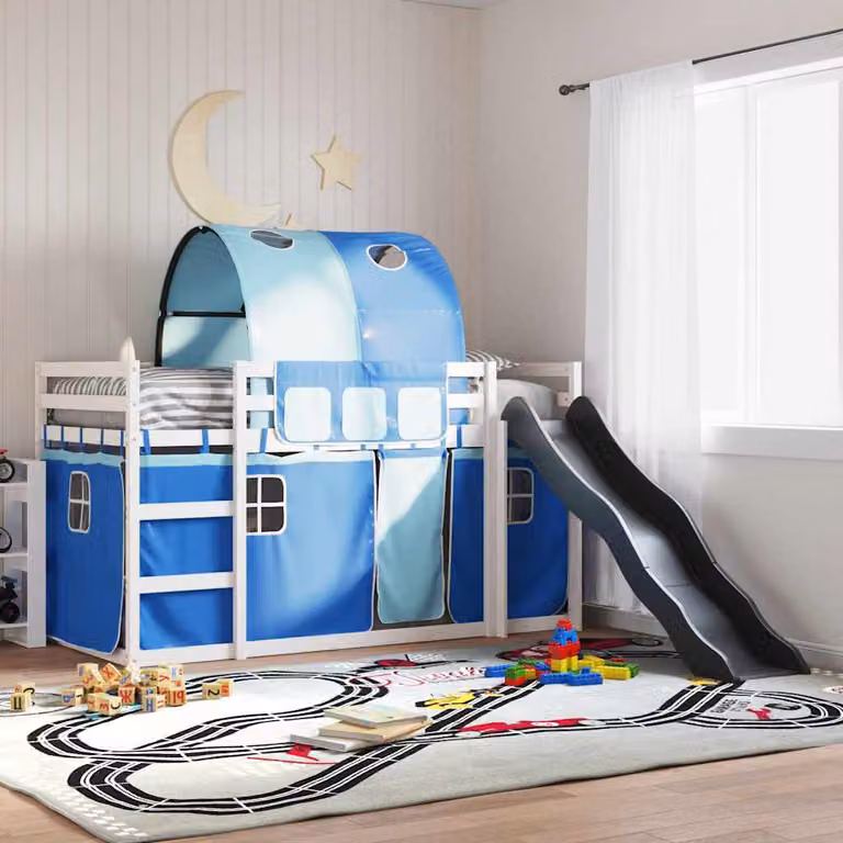 Letto a Castello con Scivolo e Tende in Legno di Pino Blu vidaXL L/P/H: 205.5 x 90 x 113 cm