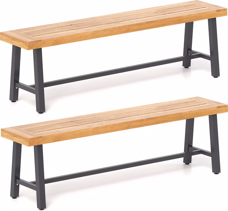 COSTWAY panca da giardino resistente alle intemperie, panca da patio a 3 posti fino a 360 kg, panca da parco in legno d'acacia e metallo, senza schienale 160x32x45cm 2 pack