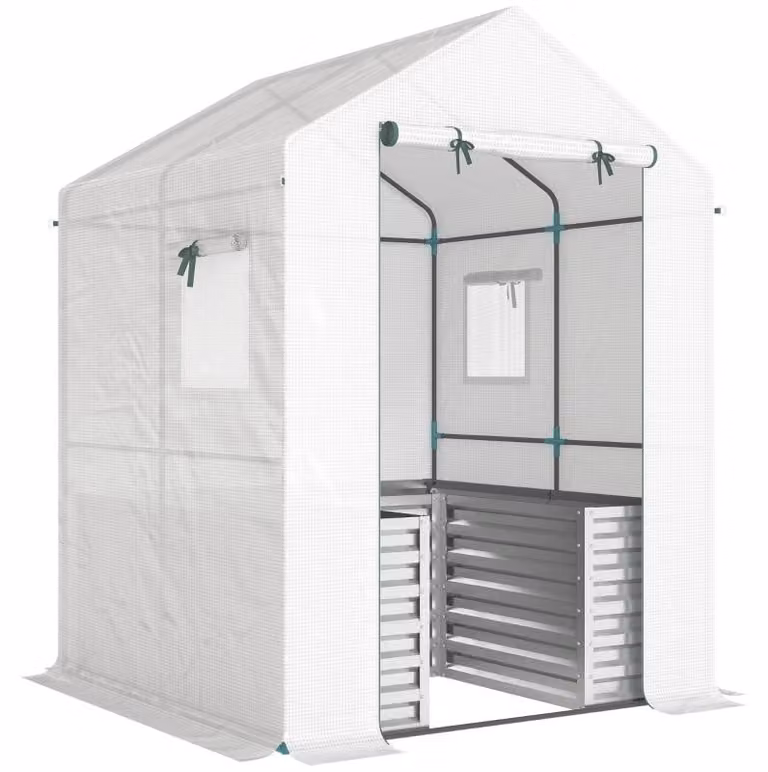 Serra Moonbite per pomodori, dimensioni 141 x 141 x 190 cm, con aiuola rialzata, serra in plastica con porta a rullo e finestra, copertura in polietilene da 135 g/m², acciaio, colore bianco