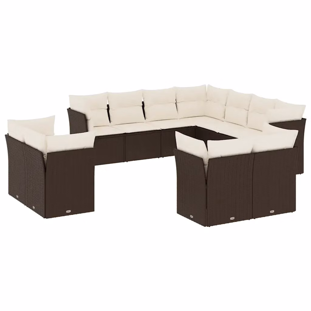 vidaXL Set di Divani da Giardino a Forma di U composto da 11 Pezzi con Cuscini Marrone e Bianco – 2