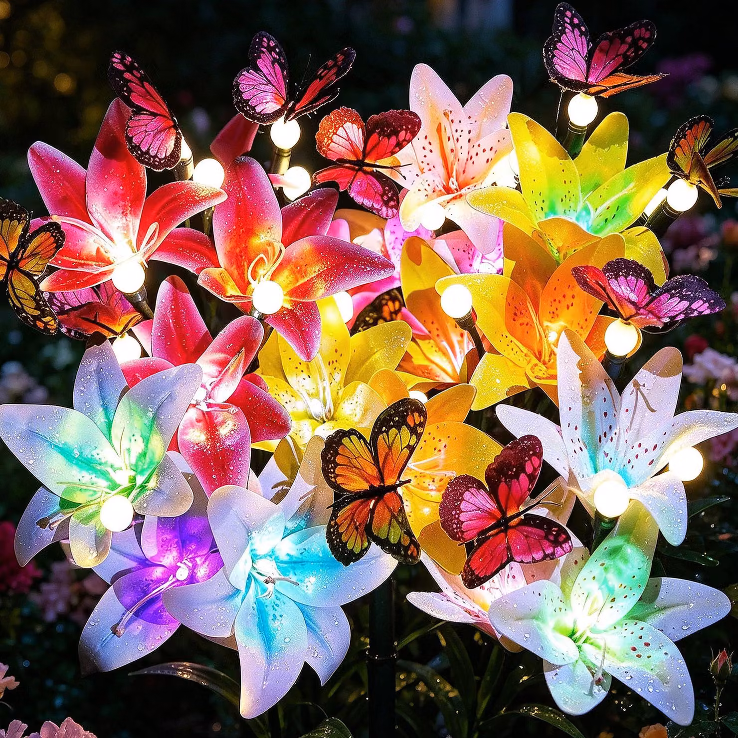 Lampade solari a forma di giglio, set da 4, con 32 LED, grado di protezione IP65, adatte per giardino e vialetti
