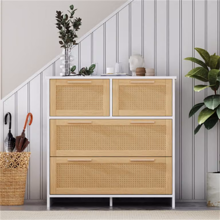 Cassettiera AIORBER, rattan, maniglie in legno massiccio, materiale in truciolato, protezione antiribaltamento, ampio spazio di archiviazione, adatta per corridoio, soggiorno, 80x80x38cm, naturale+bianco