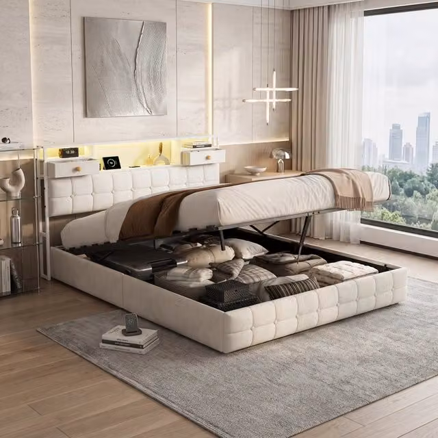 Letto matrimoniale 160x200 cm con contenitore LED USB Type-C testiera rete a doghe velluto metallo - beige