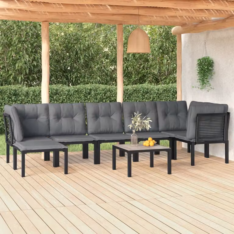 Set Salotto da Giardino vidaXL 8 Pezzi Moderno in Polyrattan Nero e Grigio con Cuscini e Tavolino da Caffè