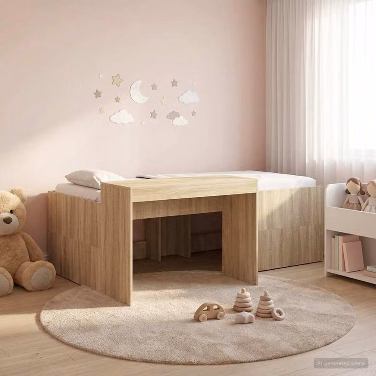 Letto a soppalco esclusivo con scrivania per bambini, finitura Sonoma, dimensioni 100 x 200 cm