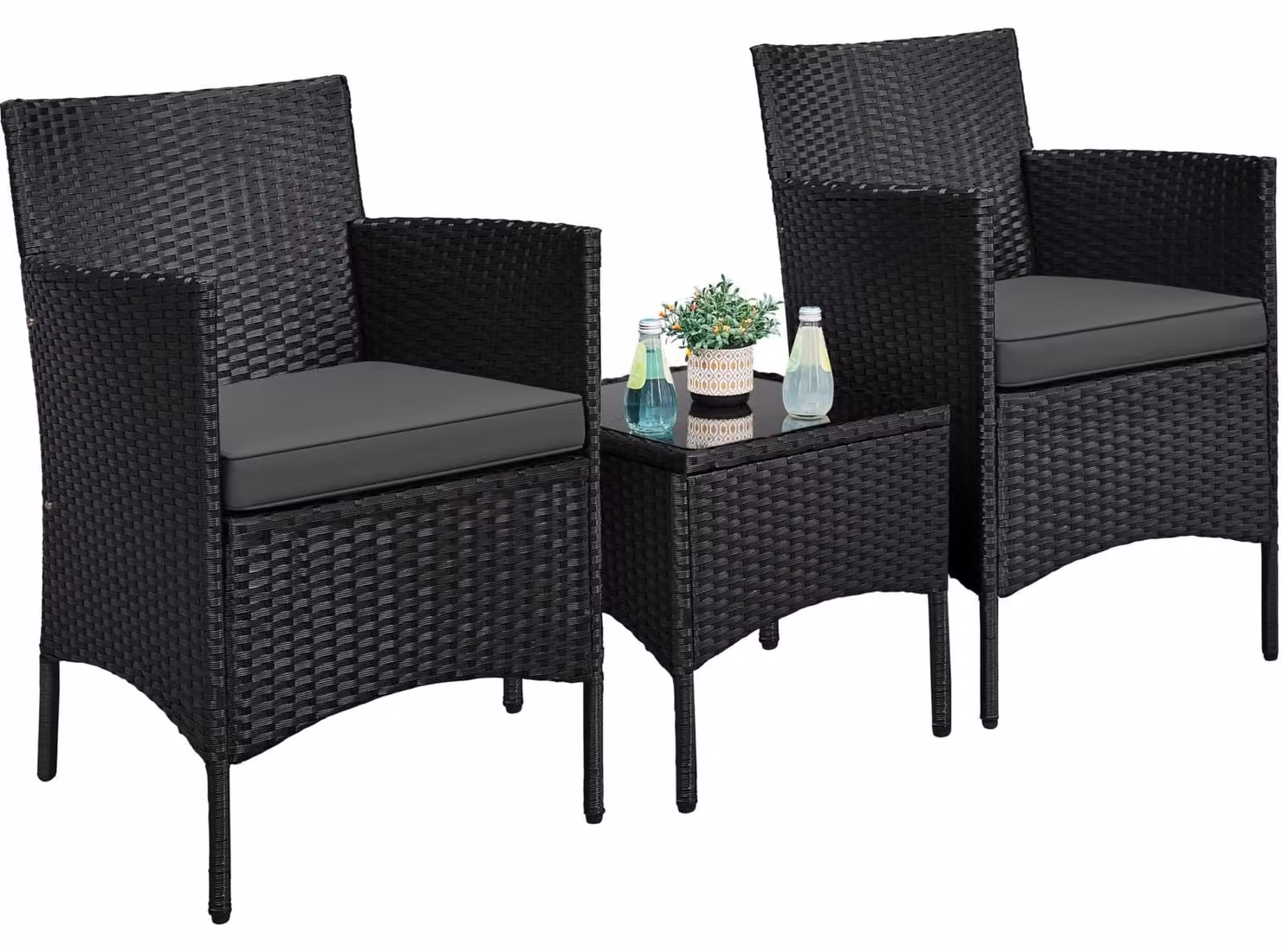 Set da giardino Sedie da giardino set da esterno - 3 pezzi - Polirattan - Nero - Per giardino e balcone