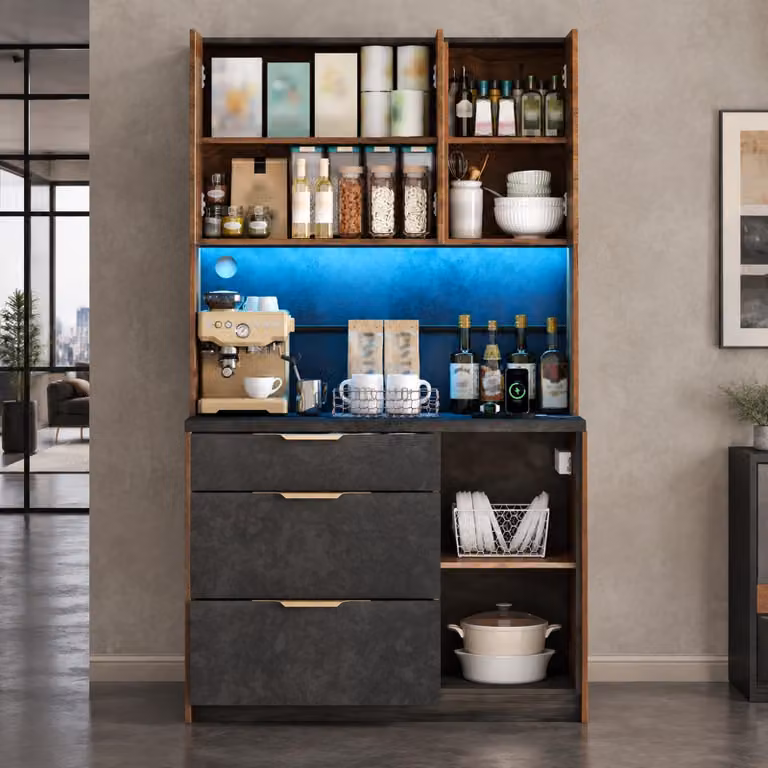 Mobiletto da cucina MODFU con vetrina a LED, mobiletto alto con presa di corrente e porta USB, dispensa con 4 ante e 3 cassetti, dimensioni 100 x 40 x 180 cm, aspetto legno
