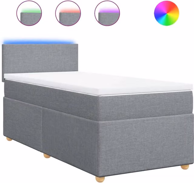 Letto singolo moderno con materasso ibrido e struttura imbottita, dotato di illuminazione sottostante e porta USB, Grigio e Bianco, L/P/H: 80 x 200 cm