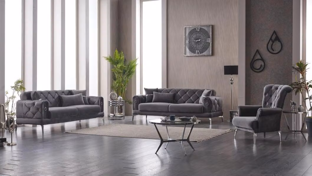 Sofagarnitur Dreisitzer Sofa 3 Sitz Stoff Polstersofa Grau Sessel 3tlg