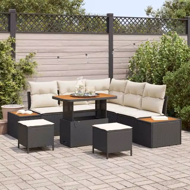 Set Divano da Giardino 8 pz 7-Numero di posti Nero e Crema 3363305
