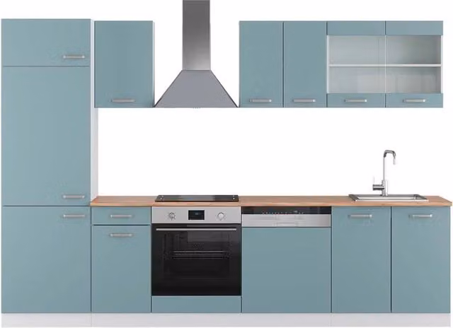 Cucina componibile moderna R-Line Vicco Grigio-blu/Bianco con piano in Rovere L: 300 cm – 1