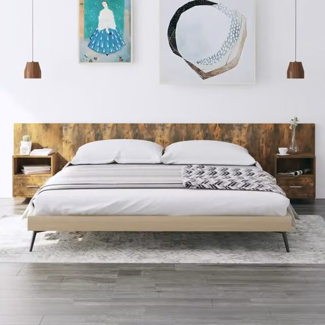 Testiera Letto con Comodini-Testiera con Contenitore Rovere Fumo in Legno Multistrato 661495