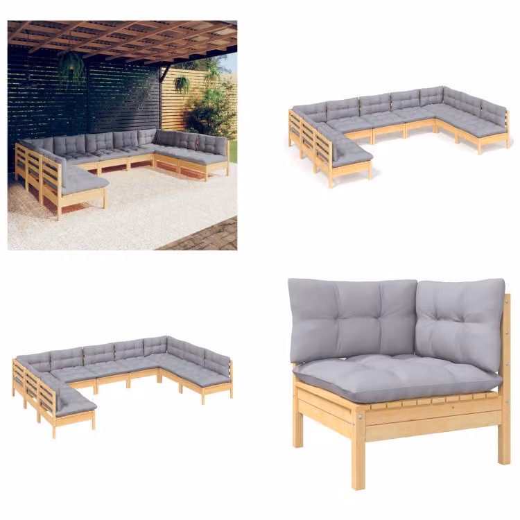 vidaXL Set salotto da giardino 9 pezzi con cuscini grigi in pino massiccio - Set salotto da giardino - Set salotto da giardino - Set mobili da giardino - Set mobili da giardino