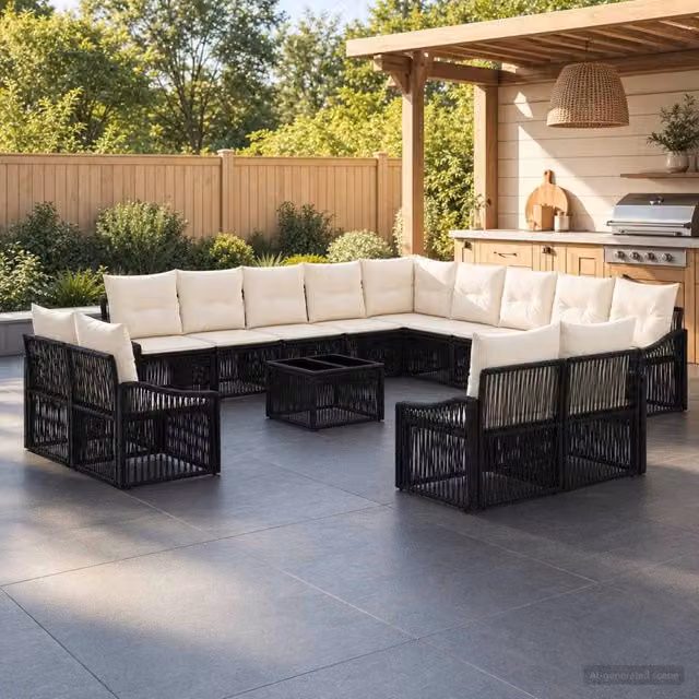 Set Divano da Giardino a Forma a U vidaXL con Tavolino da Caffè e Cuscini Beige e Nero in Polyrattan e Metallo – 1