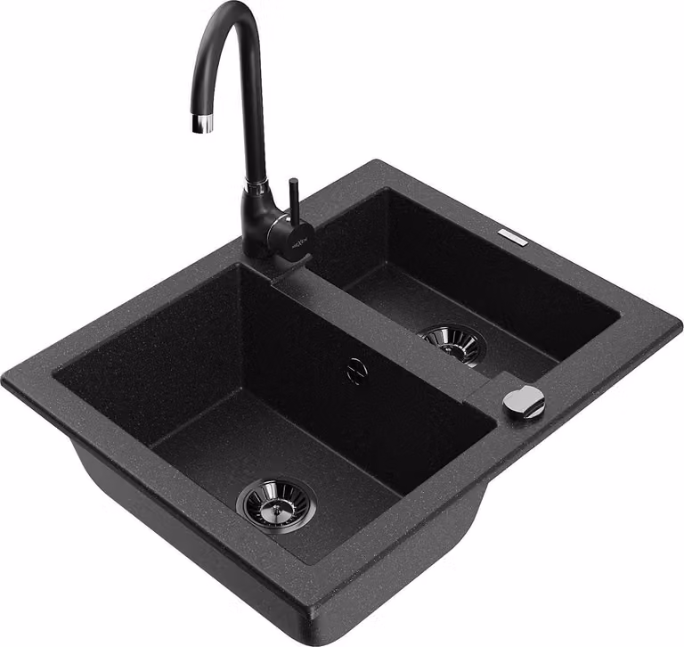 Mexen Carlos lavello in granito a 1,5 vasche con miscelatore da cucina Telma, nero/argento metallizzato - 6518-73-670200-70-B