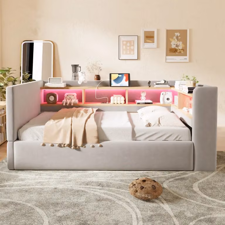 Divano letto imbottito WISHDOR con vano contenitore idraulico, luci LED e prese USB, grigio, L/P: 190 x 90 cm