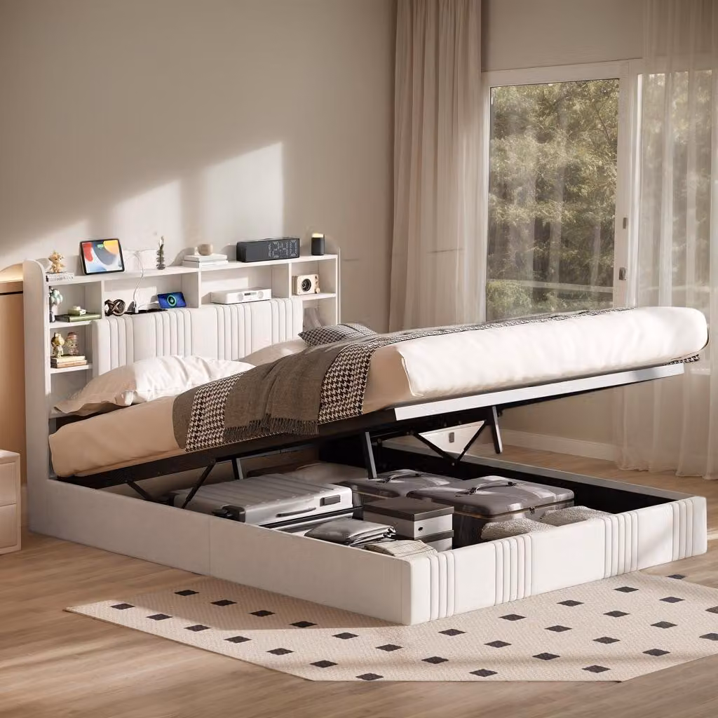 Letto imbottito INONEFT, 140x200 cm, con sistema di sollevamento idraulico, contenitore portaoggetti, illuminazione LED e prese USB. Struttura del letto con rete a doghe e testiera contenitore. Tessuto: lino beige. Senza materasso