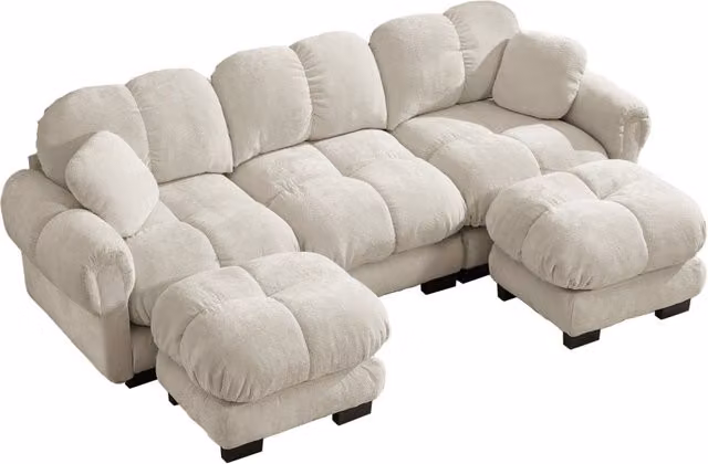 Divano a 3 posti a forma di U in chenille color kaki chiaro con pouf mobile e 2 cuscini decorativi