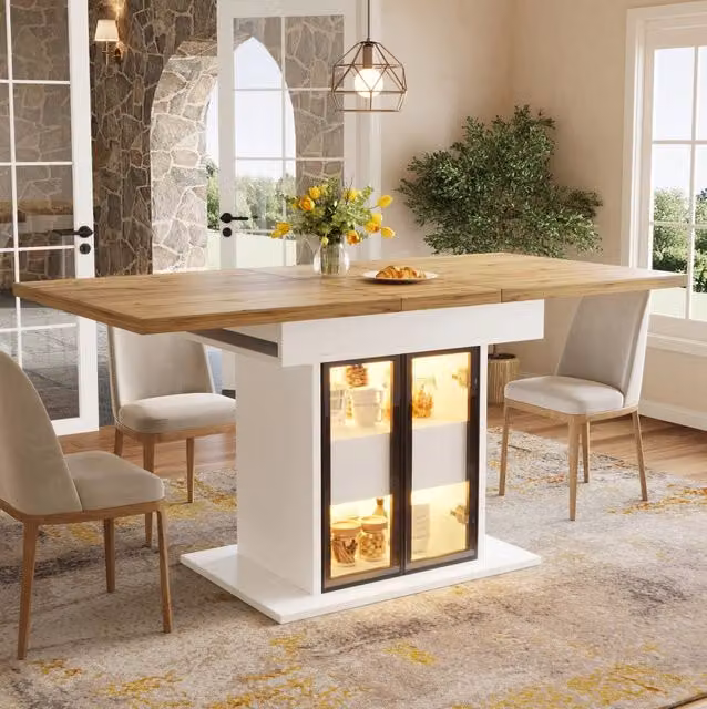 Tavolo da pranzo allungabile 110/140x80 cm con contenitore e LED RGB; bianco