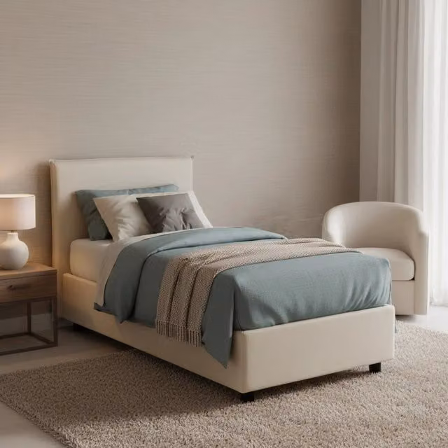 Letto singolo contenitore Alison di Talamo Italia con materasso incluso, rivestimento in tessuto beige, apertura frontale, 90x200 cm