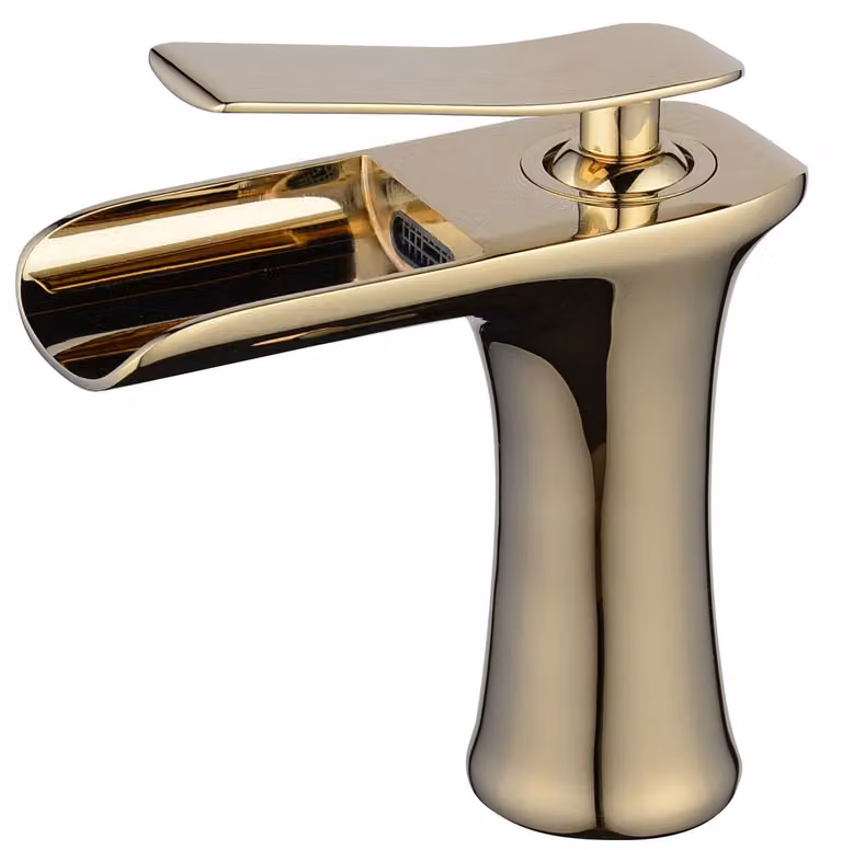Rubinetto per lavabo, modello "cascata", finitura oro, materiale ottone, monoblocco
