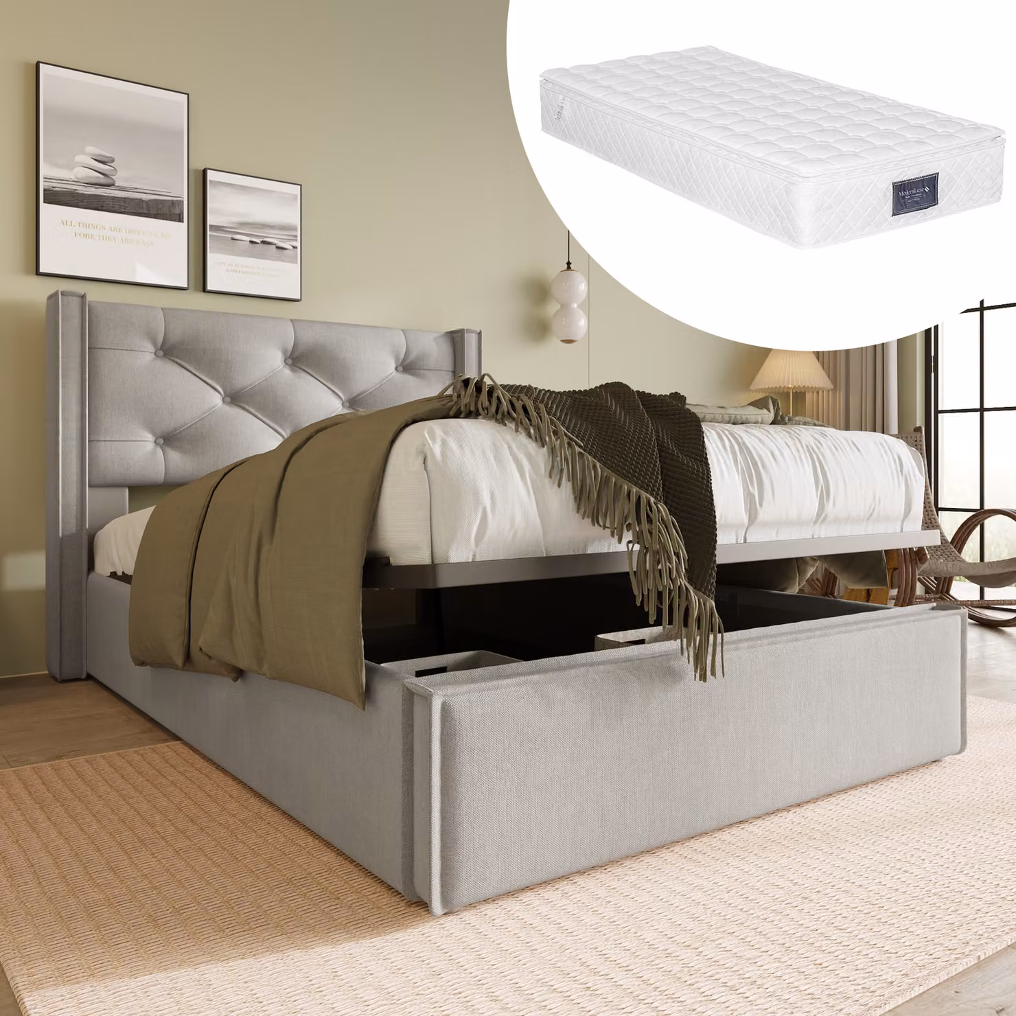 Letto funzionale Flieks con contenitore, letto imbottito idraulico letto singolo 90x200cm con materasso, rete a doghe e giroletto, grigio chiaro