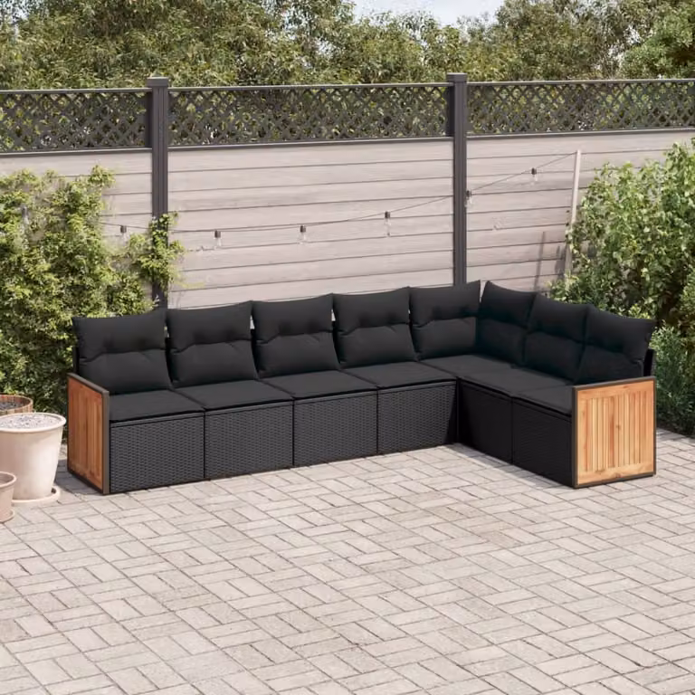 Set di Divani da Giardino a L vidaXL in Polyrattan Nero con 7 Cuscini Imbottiti e Coperture Rimosse