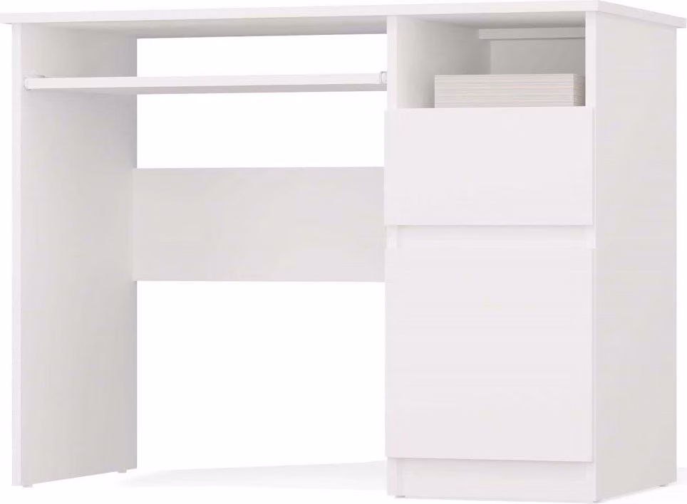 Scrivania Porto destra con cassetto, armadio e ripiano per tastiera | Bianco opaco | 98,5x51x75,5 cm