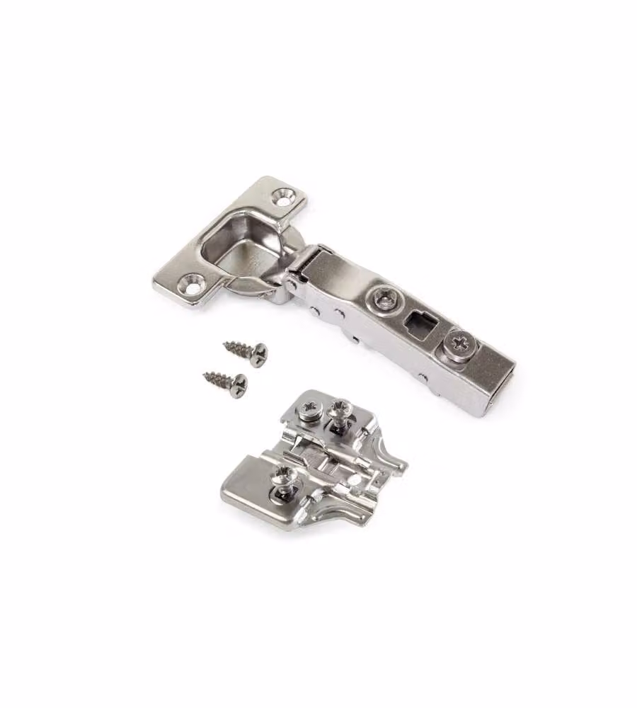 Kit cerniera collo dritto X91 Emuca con chiusura ammortizzata e basetta per montaggio misto in acciaio nichelato color argento